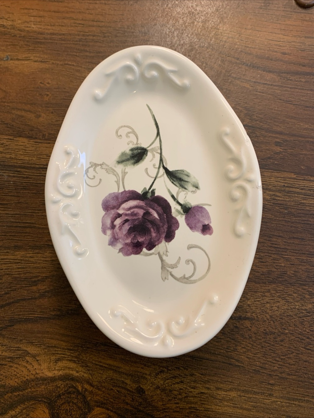 Vintage Bordeaux White Raised Design Purple Rose Ceramic Soapdish